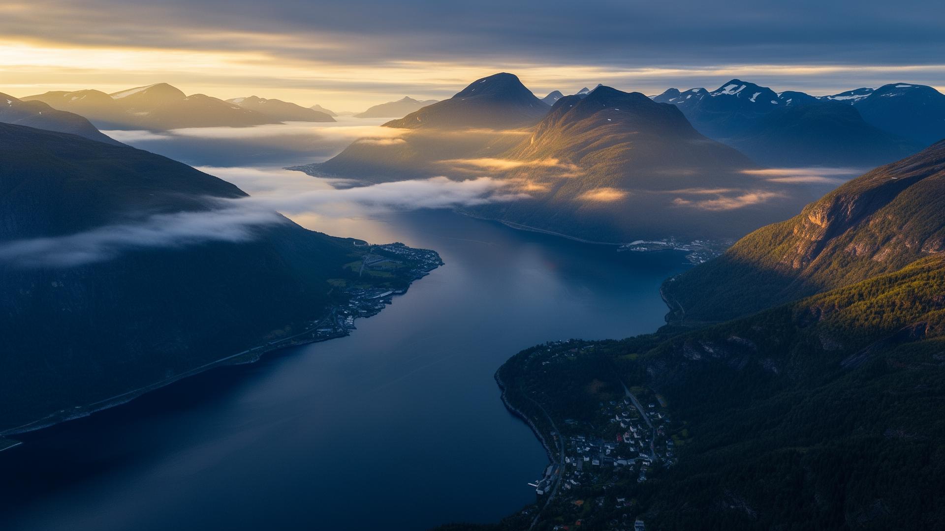 Fjordlandskap nær Bergen i gyllent morgenlys